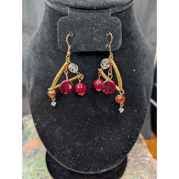 Red & Gold Bead Dangle Earrings – Gift Boxed, Vintage Look - Picture 2 of 5